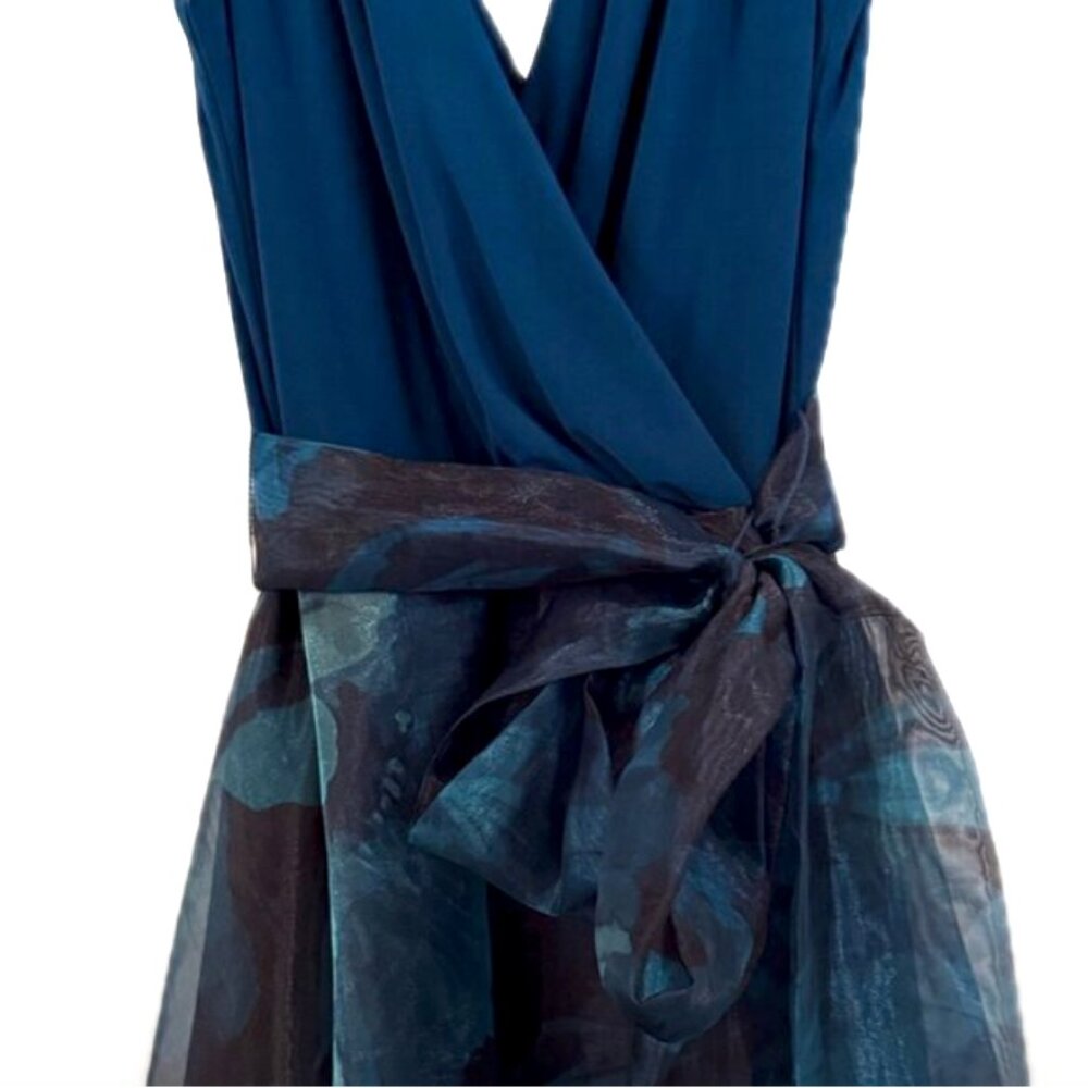 Eliza J Teal Floral Chiffon Ball Gown | Size 12 | Sleeveless V-Neck - Picture 2 of 12